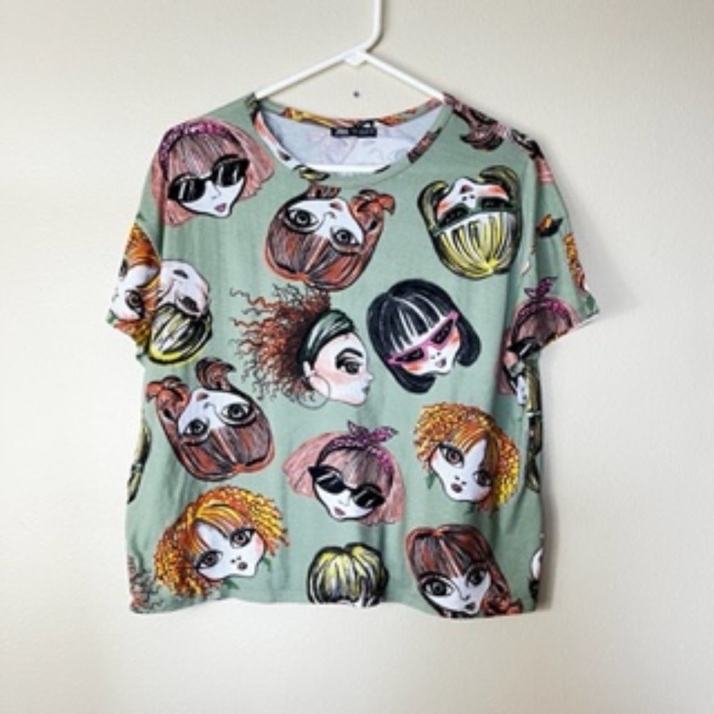 Zara Short Sleeve Tee with Multicolored Doll Face Print - Sage Green Base